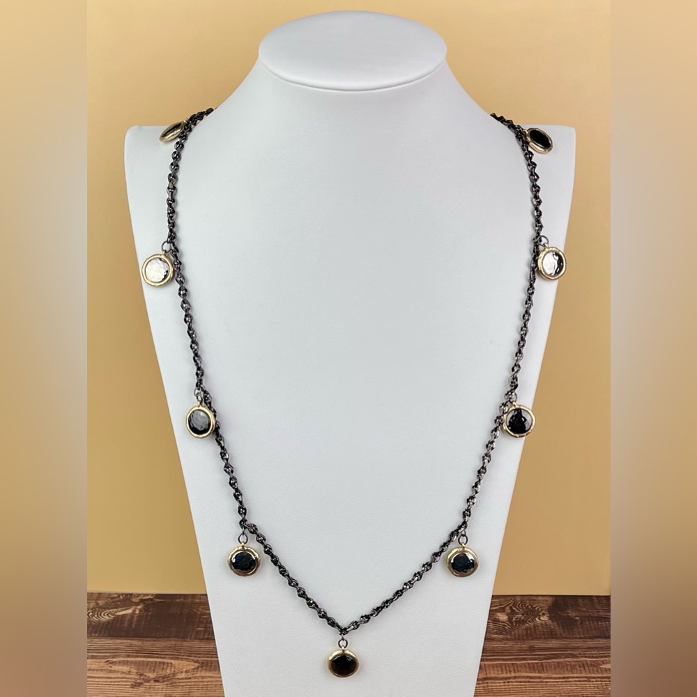 Chico’s Reversible Black & Silver Disc Long Station Necklace